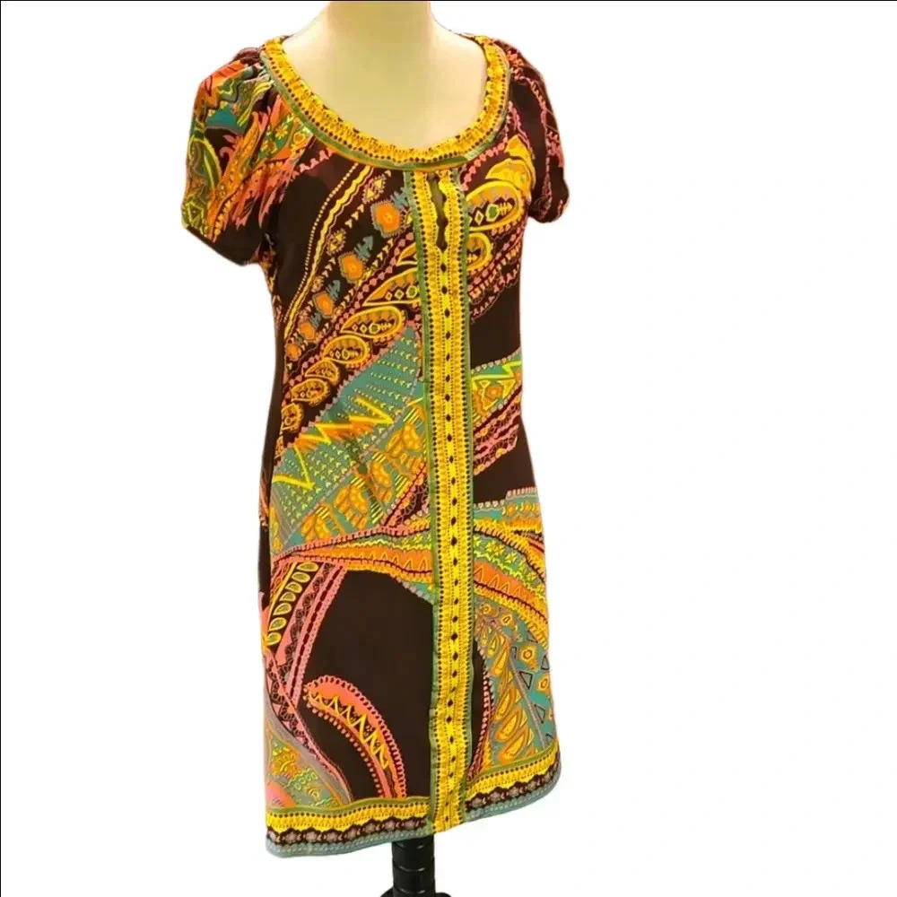ECI: Boho Short Sleeve Paisley Midi Dress Pleated Back Shoulders Women size 8
